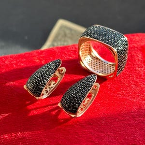 Vintage Black Zircon Ring & Gold Plated Sterling Silver Earrings Set