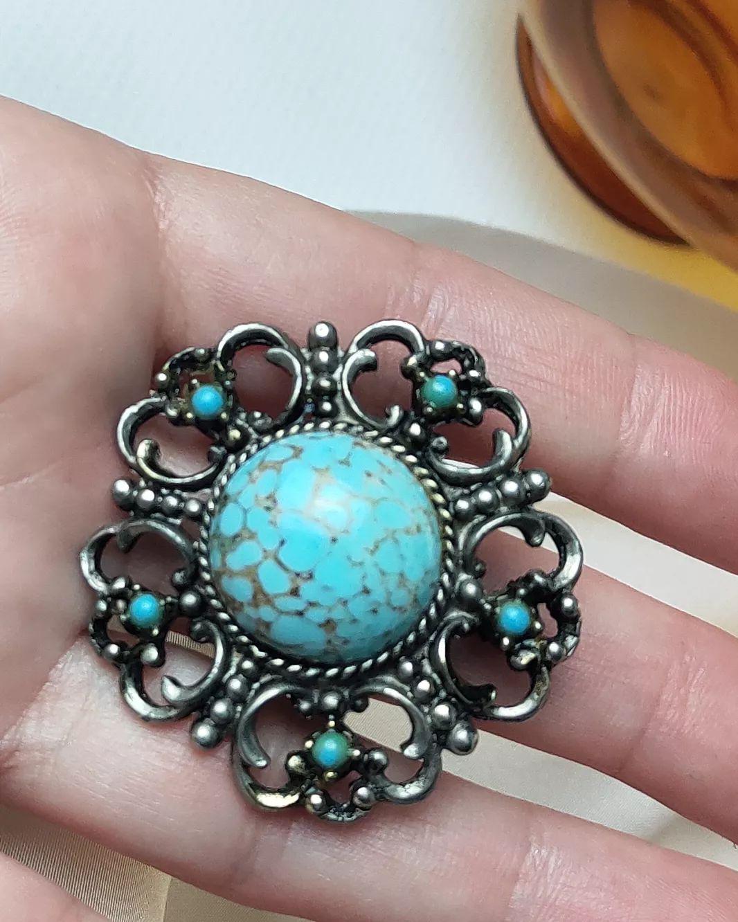 Broche Vintage Turquoise - Cabochon Pâte De Verre - Bijou Fantaisie Rétro