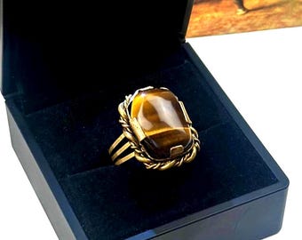 Vintage Bronze Groß Ring mit natürlichen Tigerauge, UDSSR Schmuck