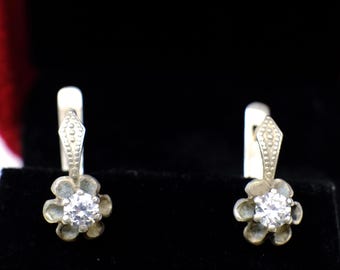 Vintage-Ohrringe mit Blumenmotiv, Art-déco-Ohrringe, sowjetische Ohrringe aus Sterlingsilber mit Blattmotiv, sowjetische Ohrringe, Schmuck mit sowjetischer Punze