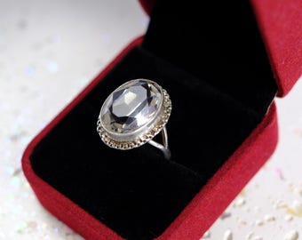 Vintage Sterling Silver Rock Crystal Ring, Art Deco Style, Size 8.5