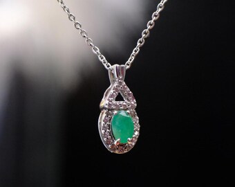 Vintage Sterling Silver Emerald Pendant Necklace: CZ Accents, Handmade Jewelry