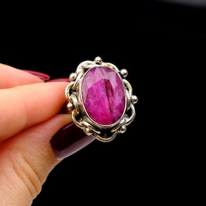 Vintage Soviet Ruby Ring, Sterling Silver Plated Bronze, Natural pink Stone Oval, Size 8 US, USSR Jewelry, Antique Statement Ring