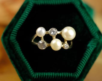 Vintage 925er Silberring mit Naturperlen und Zirkonia, ungewöhnlich geformter Ring mit weißen Perlen
