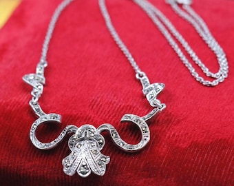 Collar de marcasita de plata esterlina vintage, colgante de cinta vintage, joyería de estilo art déco