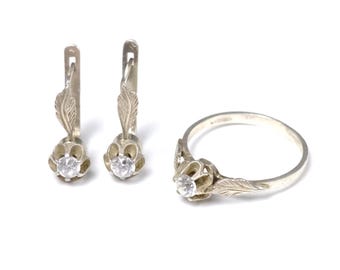 Vintage sowjetisches Schmuckset aus Sterlingsilber, Ring und Ohrringe mit Blattmotiv, Ringgröße 4,5 (US), ideales Geschenk für Kinder und Jugendliche