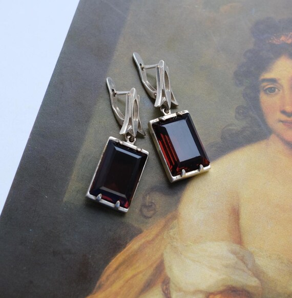 Vintage Large Silver Tone Rectangle Earrings with… - image 3