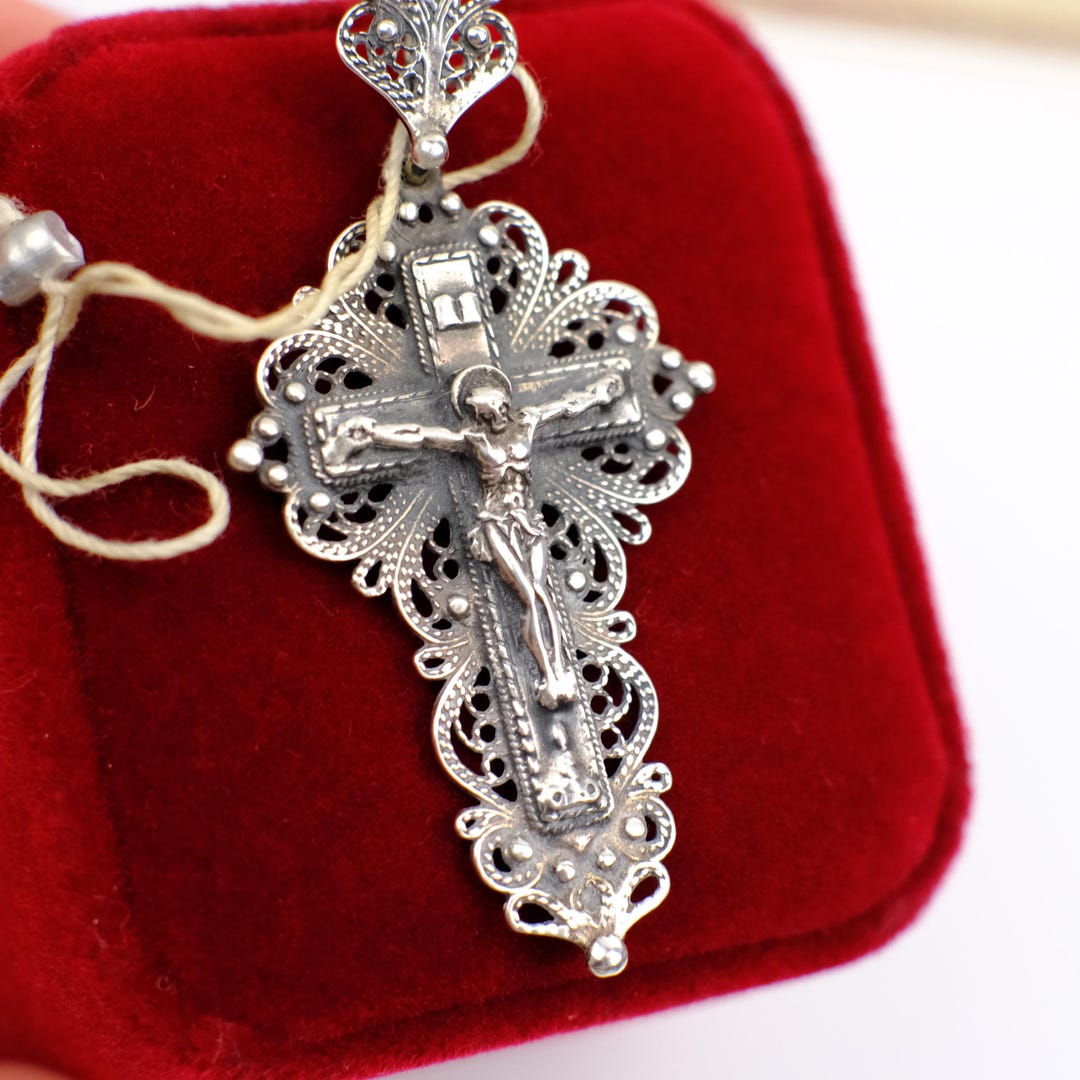 Large Orthodox Filigree Crucifix Pendant, Ornate Sterling Silver 925 ...