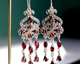 Vintage Granat Ohrringe, Art Deco Silber Ohrringe mit Granat und Markasiten, Lange Ohrringe mit natürlichem Granat, Festliche Ohrringe