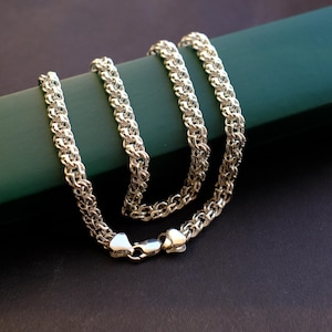 Large sterling silver Bismarck chain 54 grams, length 21.6 inches, 0.3 inches weaving, Woven byzantine  925 silver necklace chain Garibaldi