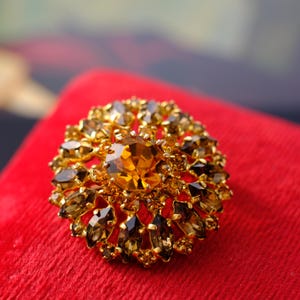 Vintage Amber Glass Brooch, Bohemian Czech Brass Brooch with Crystals, Brown Amber Rhinestone Pin