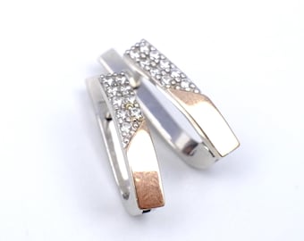 Vintage Two Tone Earrings, 925 Silver with 9K Gold, Pave Cubic Zirconia Slim Huggie Hoops, Small Ukraine Jewelry, Gift for Girl
