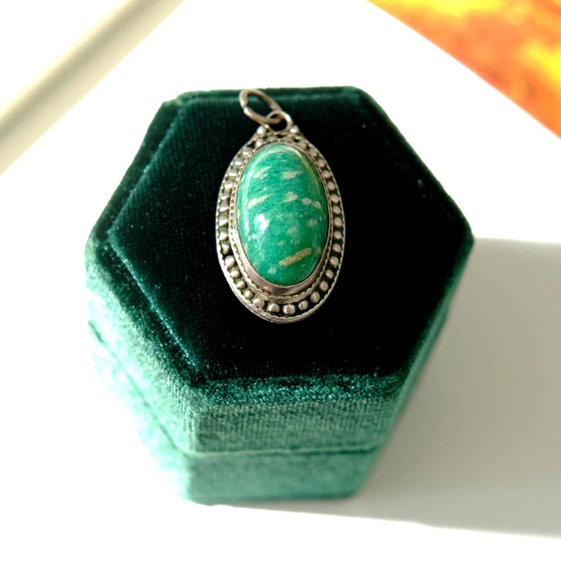Vintage Soviet oval amazonite pendant, Vintage pendant with natural green stone image 1