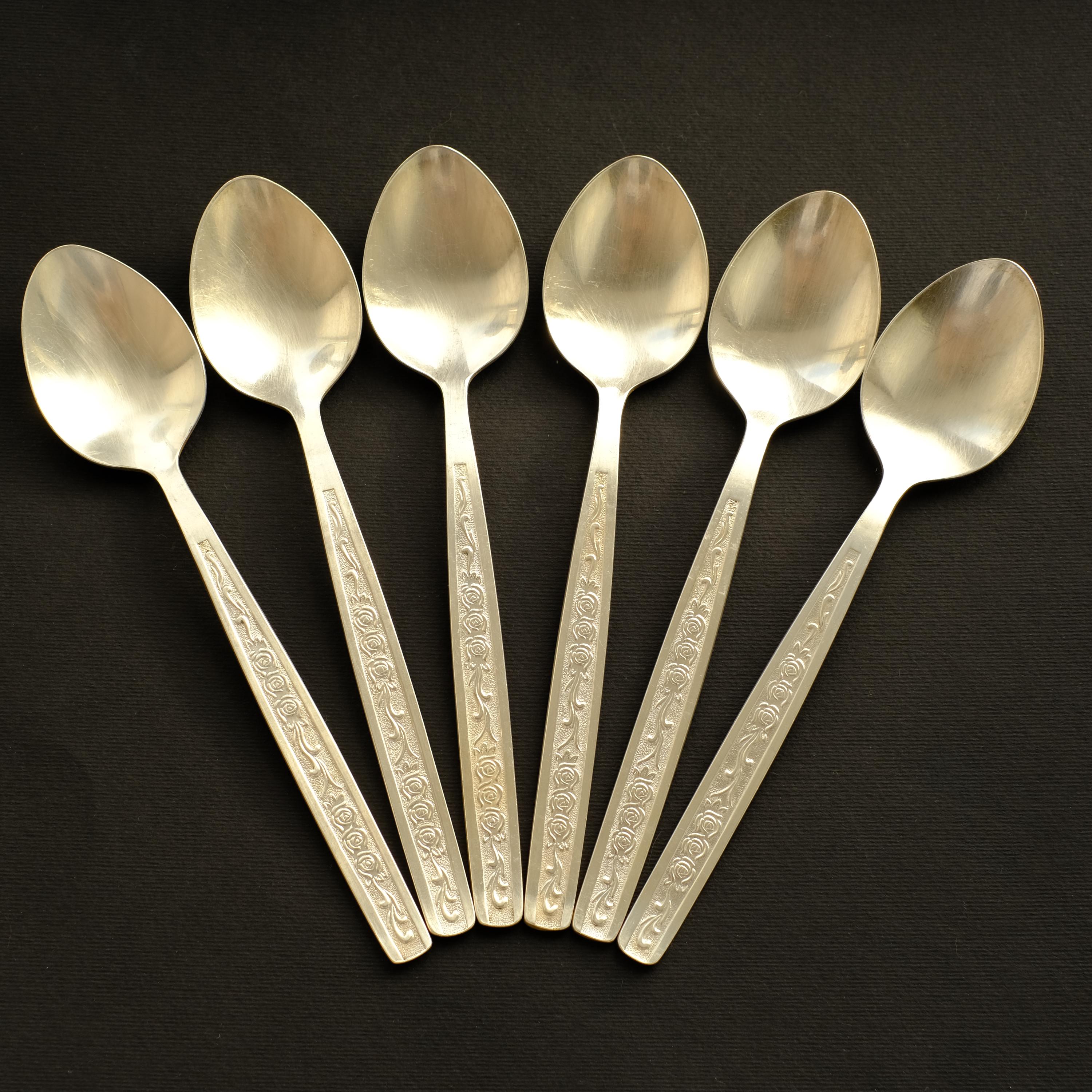 ヴィンテージ シルバーメッキ デザートスプーン：ローズ柄、ソ連製、6