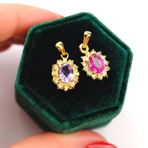 Colgante de amatista rubí natural, colgante vintage de oro con halo, joyería vintage japonesa, colgante de piedra preciosa ovalada, collar con halo de circonita cúbica.