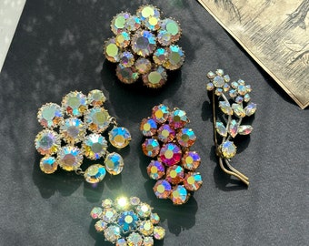Vintage Aurora Borealis Brooch: Czechoslovakian Crystal Pin, 60s Jablonex
