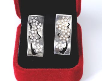 Vintage-Ohrringe aus Sterlingsilber, 925er-Punze aus der Ukraine, rechteckiges Sternenmuster mit Milchstraßenmotiv, modernistischer geometrischer Zirkonia-Schmuck
