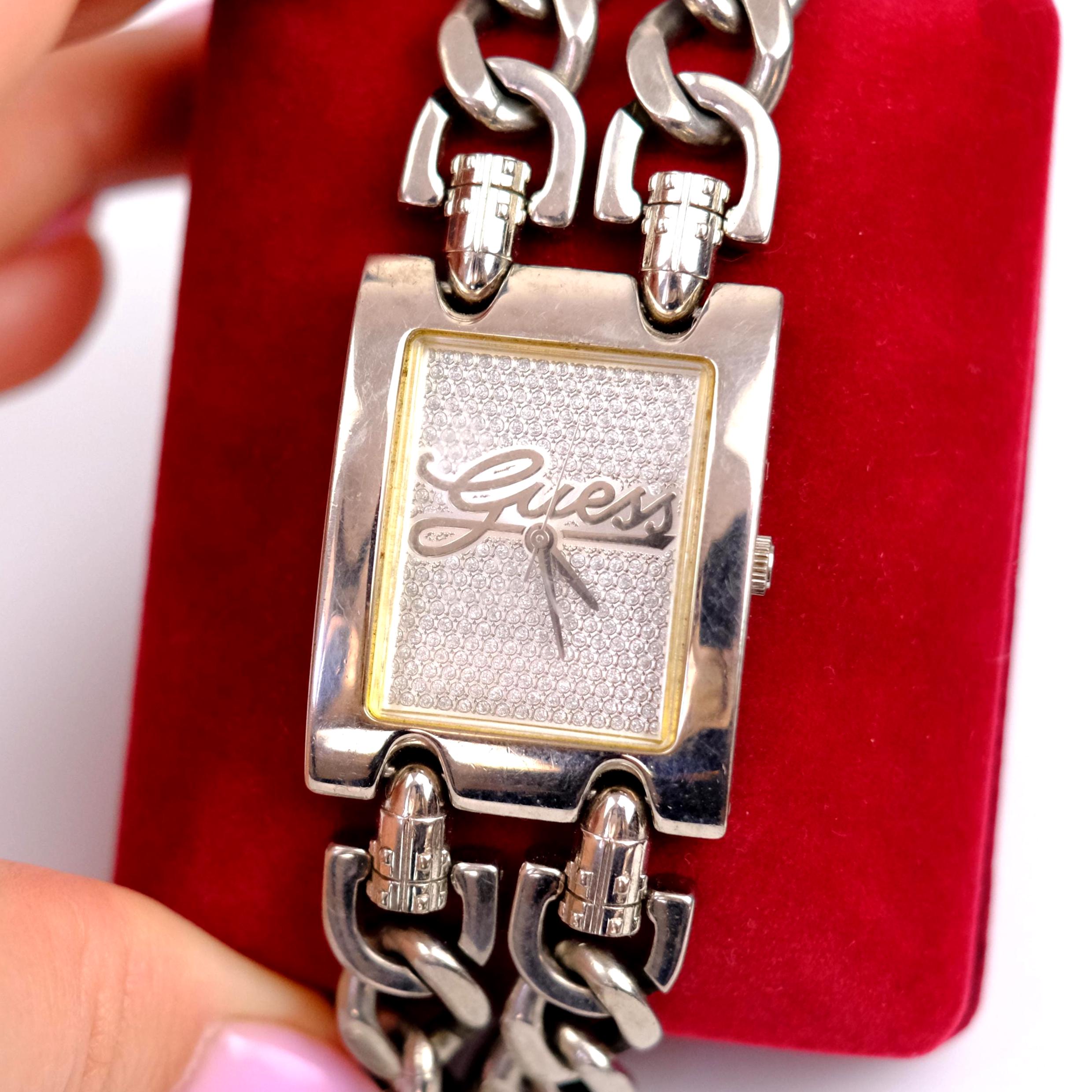 【新品電池】GUESS ゲス チェーン ブレスウォッチ ビジュー シルバー ヴィンテージ GUESS レディース腕時計、シルバーダブルチェーン