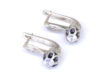 Vintage-Ohrringe mit Blumenmotiv, kleine Ohrringe aus Sterlingsilber mit Blattmotiv, sowjetische Ohrringe, ukrainischer Schmuck mit Punze