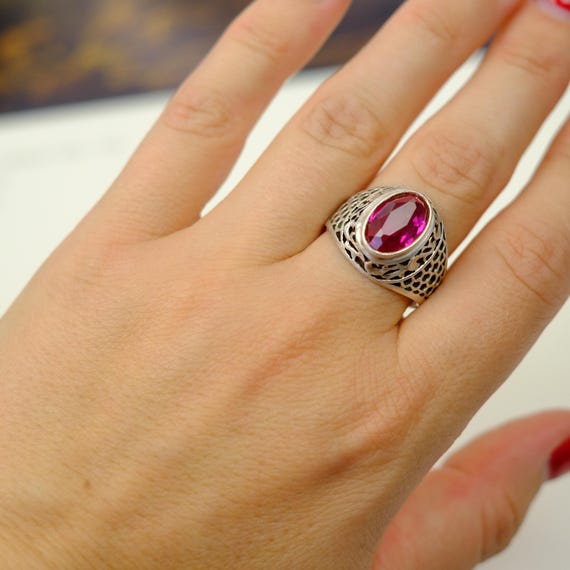 Vintage Soviet convex ring with ruby, vintage sil… - image 5