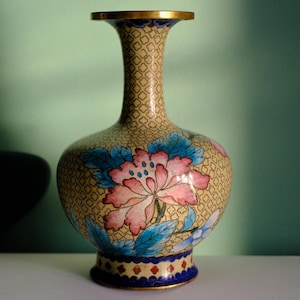Vintage Cloisonne Enamel Vase with Flowers, Rare Cloisonne Vase in Pink Yellow and Turquoise Tones, 6.8 inches tall