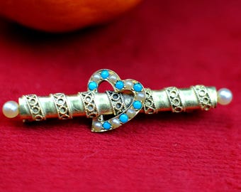 Viktorianische 14k Gold Türkis Samen Perle Brosche: Antike Herz Anstecknadel
