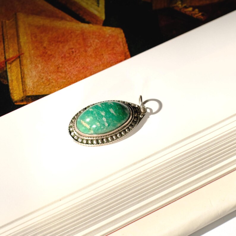 Vintage Soviet oval amazonite pendant, Vintage pendant with natural green stone image 6