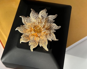Filigree Flower Brooch: Handmade Pure Silver Vintage Jewelry