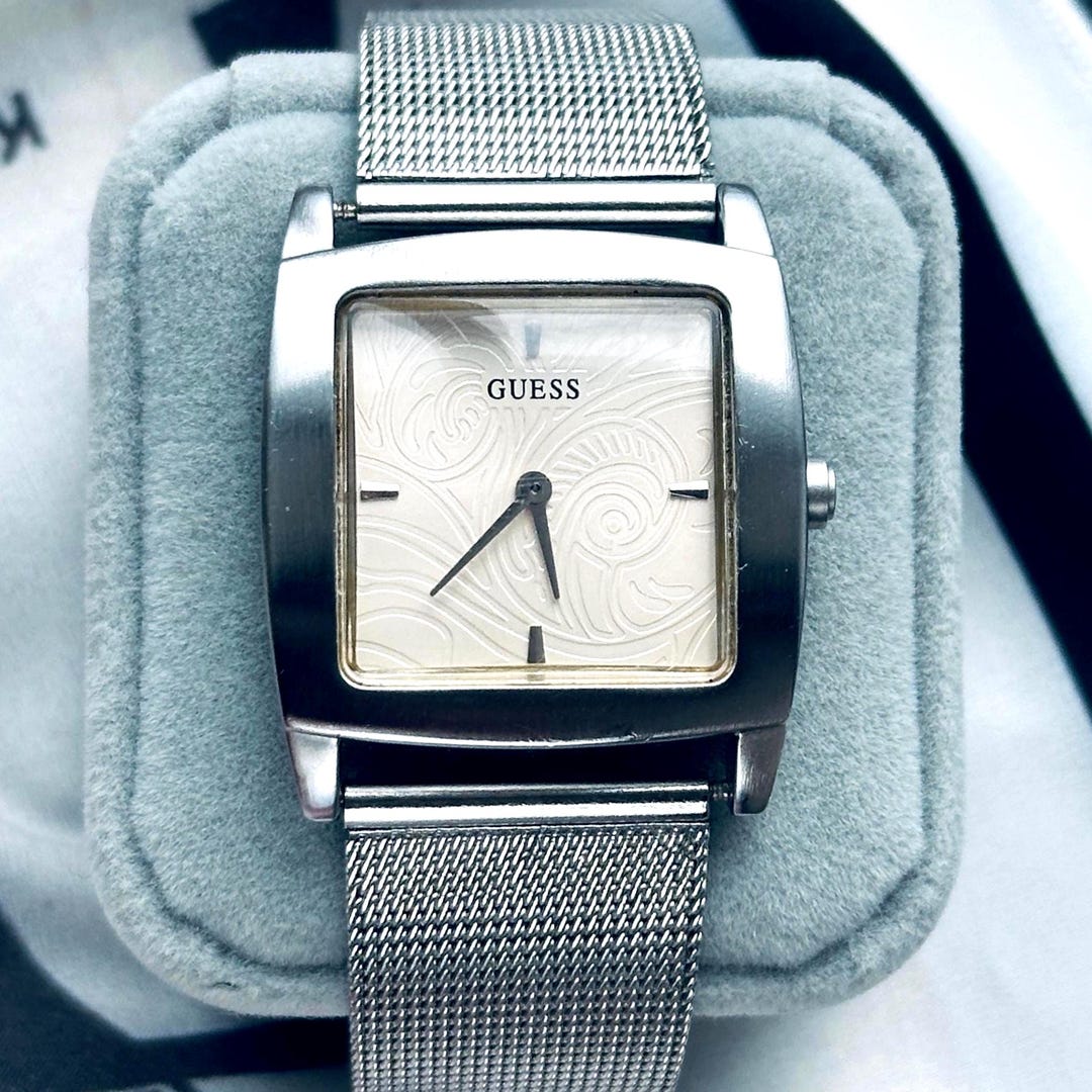 Vintage GUESS Watch Womens, Silver Mesh Bracelet, Square 