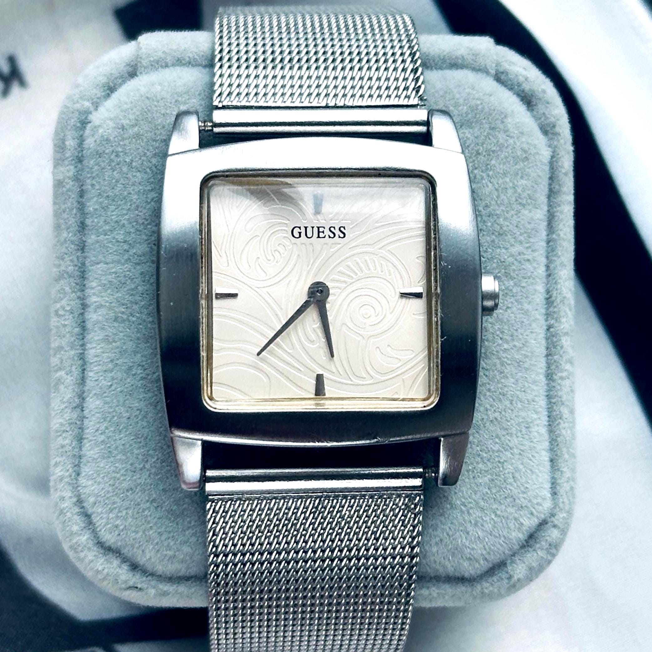 Vintage GUESS Watch Womens, Silver Mesh Bracelet, Square 