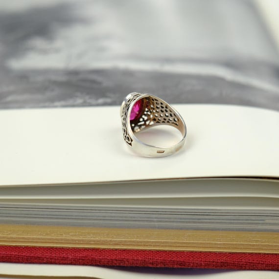Vintage Soviet convex ring with ruby, vintage sil… - image 3