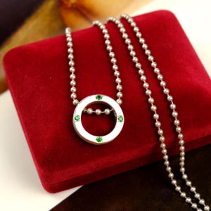 Sterling silver circle pendant with emeralds, Vintage Sterling Silver Emerald Pendant Necklace
