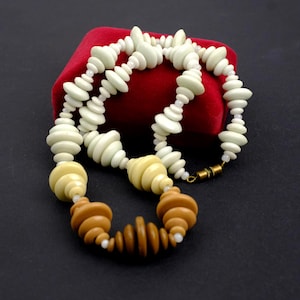 Vintage Ukrainian Ceramic Necklace 18.5", Handmade Pottery Beads White Yellow Brown, Graduated Disc Bead Necklace, Boho Statement Jewelry