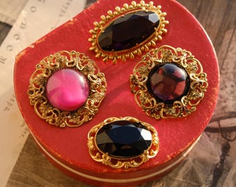 Vintage Czech Glass Brooch: Purple & Pink Crystal Jewelry