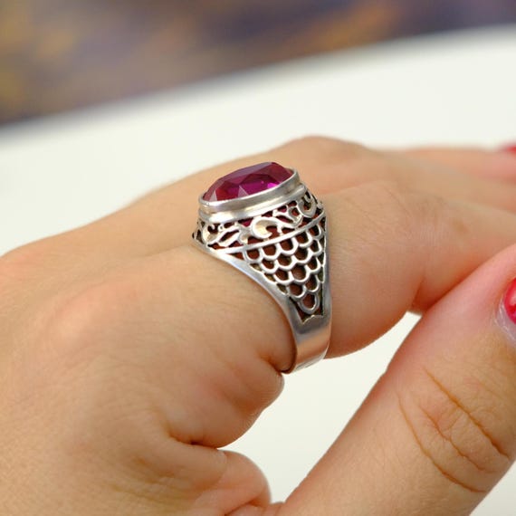 Vintage Soviet convex ring with ruby, vintage sil… - image 6