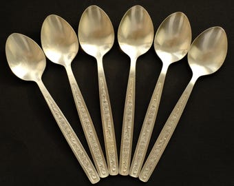 Vintage Silver Plated Dessert Spoons: Rose Pattern, USSR Made, Set of 6