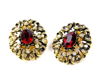 Vintage rote Kristall Perle filigrane Clip auf Ohrringe, viktorianischen Stil Runde Gold Ton