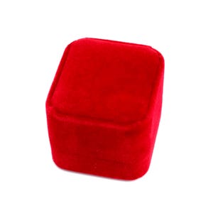 May include: A square-shaped jewelry box covered in bright red velvet fabric. The box features a hinged lid with rounded corners and a smooth, soft-textured exterior surface, designed to hold small items securely within its enclosed compartment.