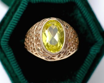 Vintage Citrin Ring, 875 Silber Filigranring, UdSSR Statement Ring, Ukrainischen Silberschmuck, Gelb Grüner Stein Ring