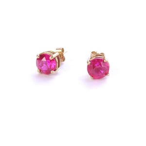 Brincos vintage de ouro maciço 9K com rubi, brincos de ouro maciço 375 com pedra rosa, brincos pequenos de ouro maciço