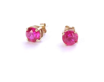 Vintage 9K Solid Gold Ruby Gold Stud Earrings, 375 Solid Gold Earrings with Pink Stone, Small solid gold earrings