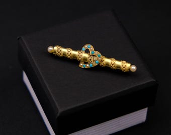 Victorian 14k Gold Turquoise Seed Pearl Brooch: Antique Heart Pin