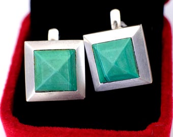 Vintage-Ohrringe aus Malachit, 925er Sterlingsilber (Ukraine), große quadratische Ohrringe aus Sterlingsilber, Ohrringe mit grünem Stein, geometrischer, modernistischer Schmuck