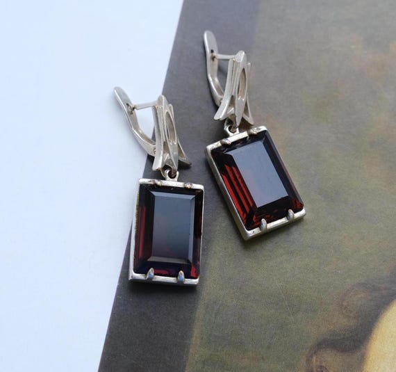 Vintage Large Silver Tone Rectangle Earrings with… - image 2