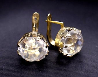 Rock Crystal Soviet Earrings, Vintage Gold Plated Sterling Silver, Large Clear Quartz Crown Setting,  Art Deco Earrings