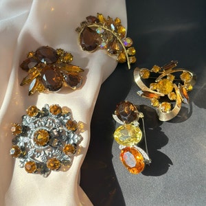 Vintage Amber glass brooch, bohemian Czech brass brooch, Czech jewelry сrystals, Brown amber Rhinestone Brooch