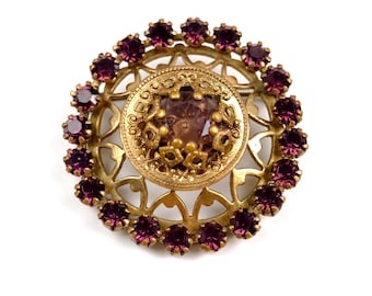 Vintage brooch with amethyst glass, Round openwork brooch with purple crystals, Vintage Art Deco Czech Amethyst Glass Brooch Pin