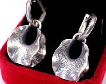 Vintage Sterling Silver Earrings, 925 Ukraine Hallmark, Large Wavy Petal Detachable Drop, Textured Oxidized Sculptural Jewelry for Women