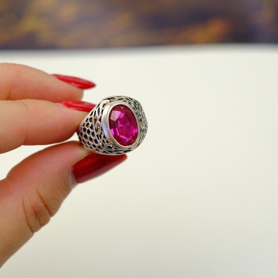 Vintage Soviet convex ring with ruby, vintage sil… - image 9