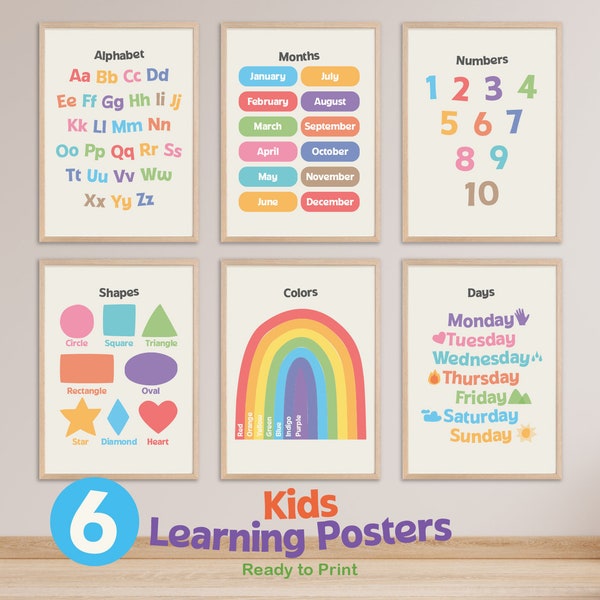 Printable Educational Learning Posters 6 Set for Kids, Preschool & Elementary. Instant Download